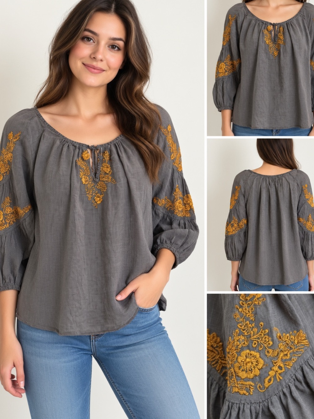 Floreat Anthropology Charcoal Peasant Blouse with Gold Embroidery size 4